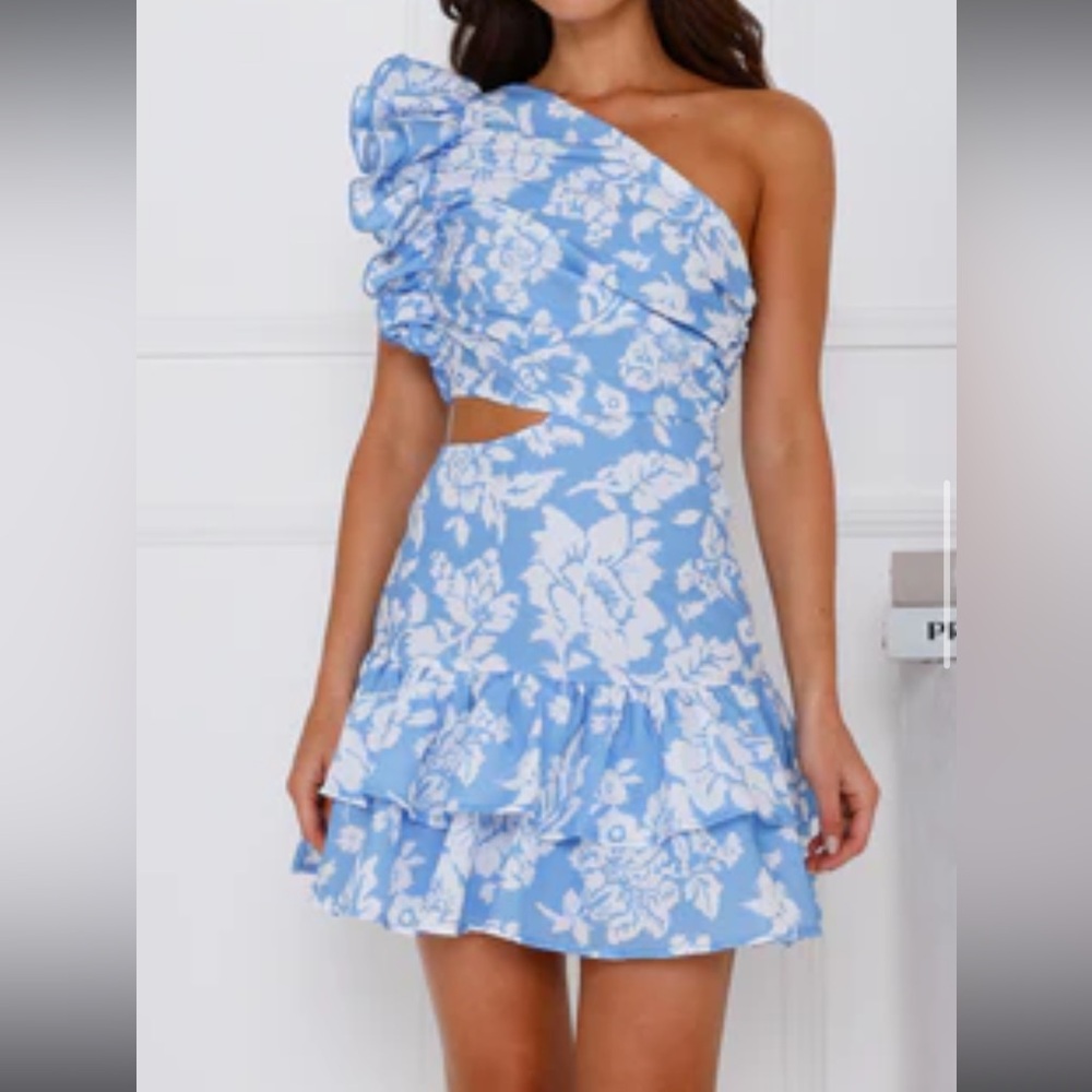 Hello Molly’s Aubrey One Shoulder Mini Dress Blue